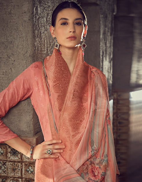 Sweet Pink Pant style Suit Pure Maslin Jacquard Salwar Kameez in Digital Print, Embroidery & Lace Work Closure View Embroidery Back side View