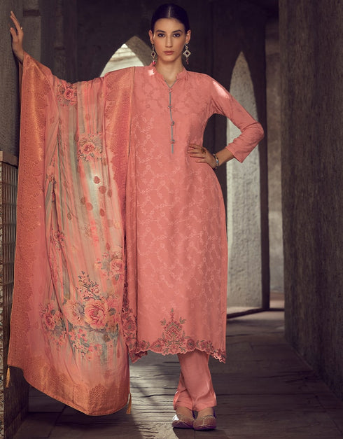 Sweet Pink Pant style Suit Pure Maslin Jacquard Salwar Kameez in Digital Print, Embroidery & Lace Work Closure View