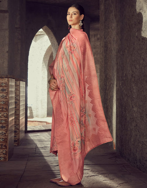 Sweet Pink Pant style Suit Pure Maslin Jacquard Salwar Kameez in Digital Print, Embroidery & Lace Work