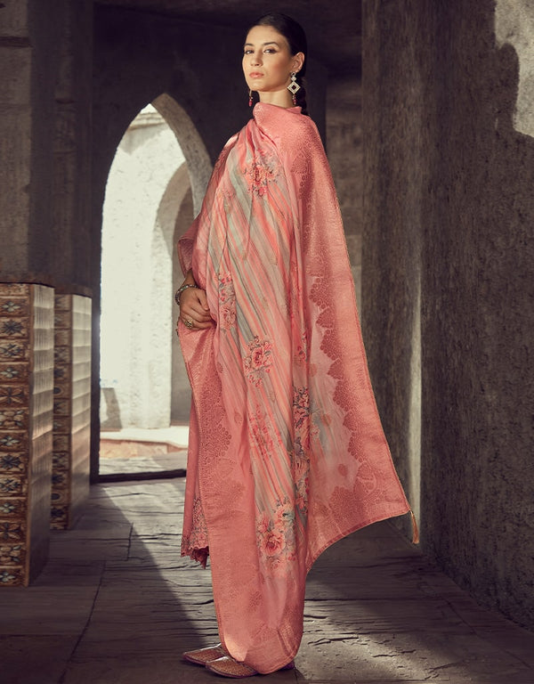 Sweet Pink Pant style Suit Pure Maslin Jacquard Salwar Kameez in Digital Print, Embroidery & Lace Work