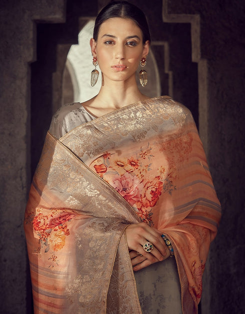 Grey Pant style Suit Pure Maslin Jacquard Salwar Kameez in Digital Print, Embroidery & Lace Work Closure View Embroidery Back side View