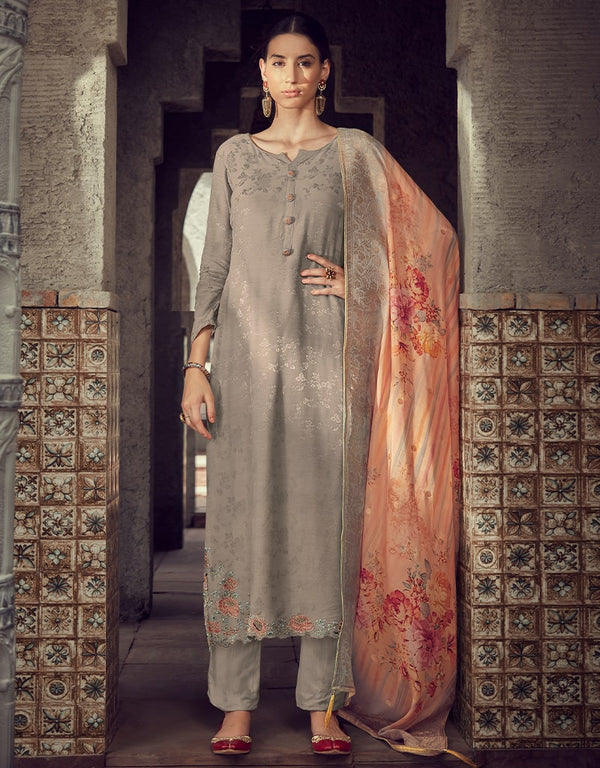 Grey Pant style Suit Pure Maslin Jacquard Salwar Kameez in Digital Print, Embroidery & Lace Work