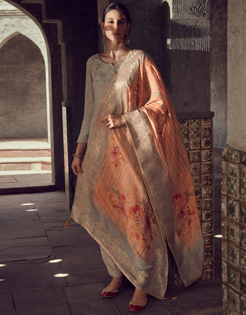 Grey Pant style Suit Pure Maslin Jacquard Salwar Kameez in Digital Print, Embroidery & Lace Work Closure View