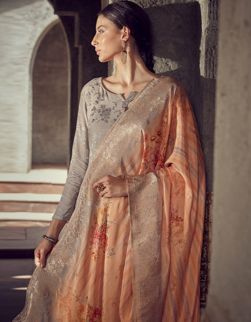 Grey Pant style Suit Pure Maslin Jacquard Salwar Kameez in Digital Print, Embroidery & Lace Work Closure View Embroidery