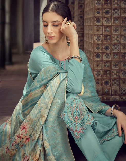 Light Blue Pant style Suit Pure Maslin Jacquard Salwar Kameez in Digital Print, Embroidery & Lace Work Closure View Embroidery