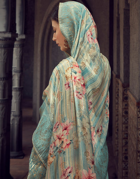 Light Blue Pant style Suit Pure Maslin Jacquard Salwar Kameez in Digital Print, Embroidery & Lace Work Closure View Embroidery Back side View