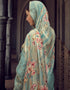 Light Blue Pant style Suit Pure Maslin Jacquard Salwar Kameez in Digital Print, Embroidery & Lace Work Closure View Embroidery Back side View