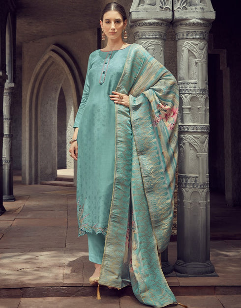 Light Blue Pant style Suit Pure Maslin Jacquard Salwar Kameez in Digital Print, Embroidery & Lace Work