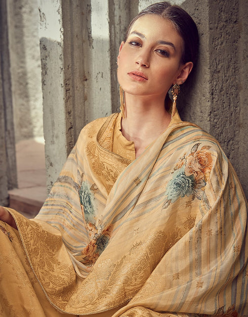 Mustard Yellow Pant style Suit Pure Maslin Jacquard Salwar Kameez in Digital Print, Embroidery & Lace Work Closure View Embroidery