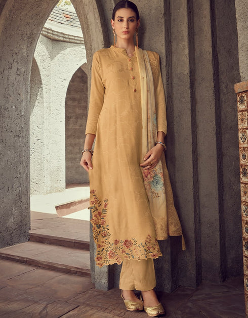 Mustard Yellow Pant style Suit Pure Maslin Jacquard Salwar Kameez in Digital Print, Embroidery & Lace Work Closure View