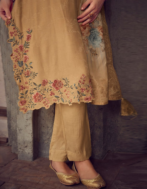 Mustard Yellow Pant style Suit Pure Maslin Jacquard Salwar Kameez in Digital Print, Embroidery & Lace Work Closure View Embroidery Back side View