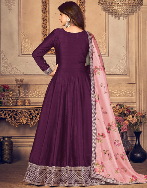 Purple Anarkali style Anarkali Semi-Stitched Suits Salwar Kameez in Embroidery, Print & Lace Work Closure View Embroidery