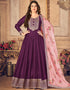 Purple Anarkali style Anarkali Semi-Stitched Suits Salwar Kameez in Embroidery, Print & Lace Work