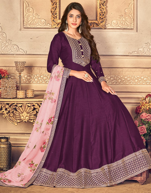 Purple Anarkali style Anarkali Semi-Stitched Suits Salwar Kameez in Embroidery, Print & Lace Work Closure View