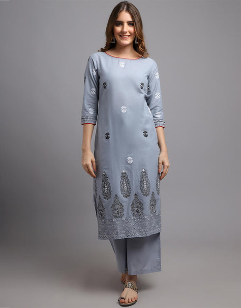 Grey Blue Pure Cotton Salwar Suit Palazzo