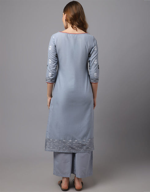 Grey Blue Pure Cotton Salwar Suit Palazzo Closure View