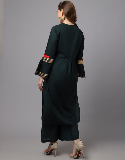 Dark Green Pure Cotton Salwar Suit Palazzo Closure View