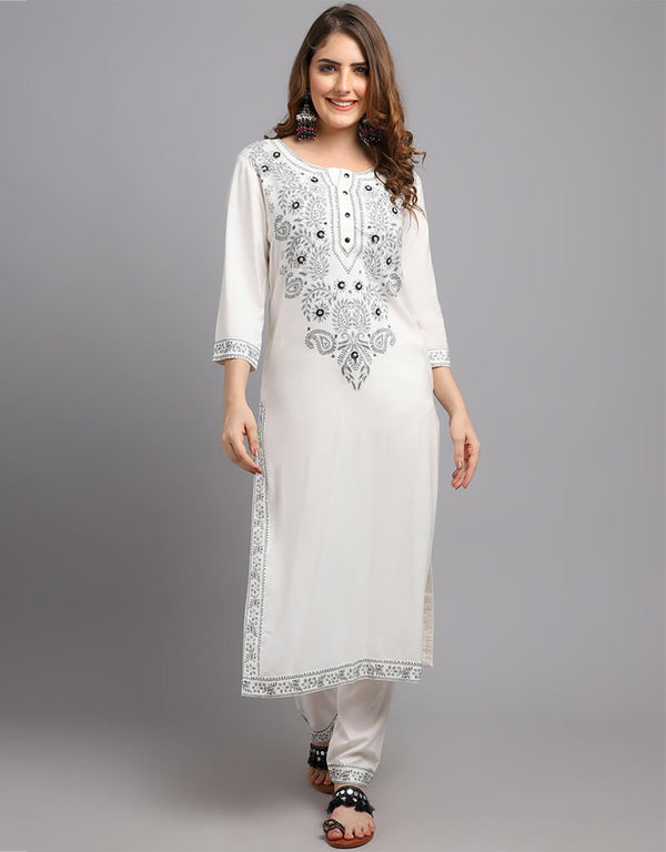 White Viscose Rayon Salwar Suit Chudidar