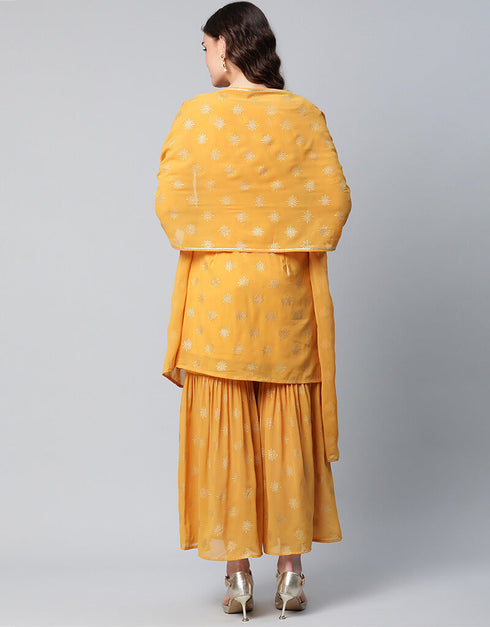 Mustard Georgette Salwar Suit Sharara Closure View