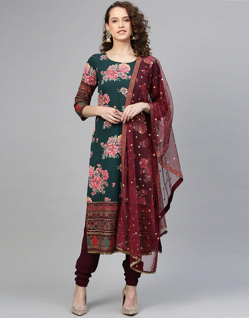 Dark Green Polyester Salwar Suit Chudidar