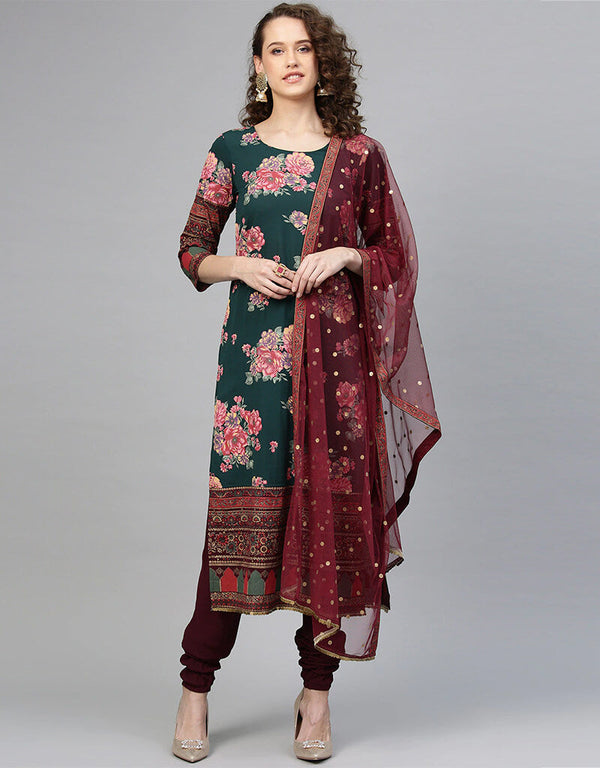 Dark Green Polyester Salwar Suit Chudidar