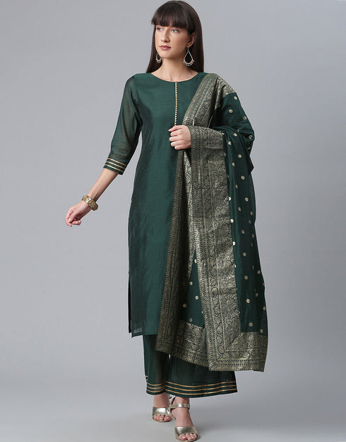 Dark Green Chanderi Silk Salwar Suit Palazzo
