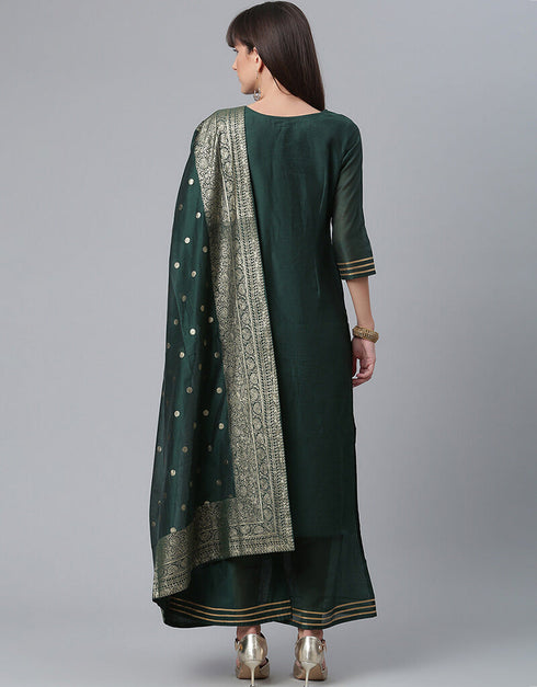 Dark Green Chanderi Silk Salwar Suit Palazzo Closure View