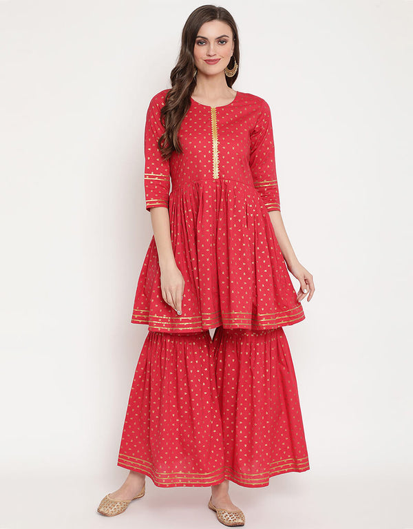 Red Cotton Salwar Suit Sharara