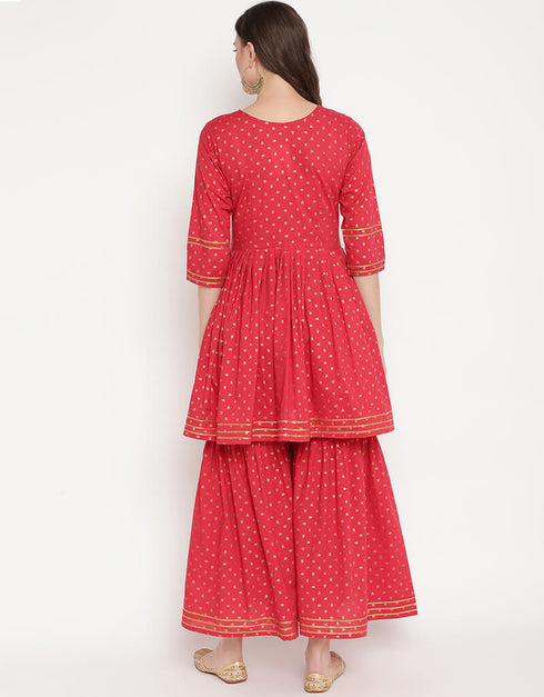 Red Cotton Salwar Suit Sharara Closure View