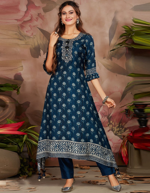 Blue Russian Silk Digital Print Suit Pant