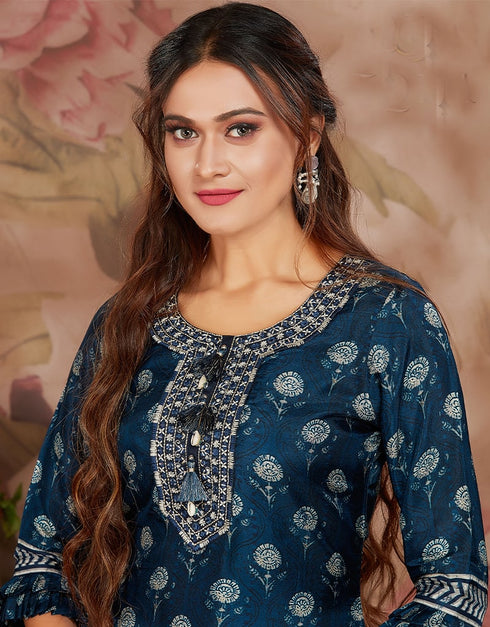 Blue Russian Silk Digital Print Suit Pant Closure View