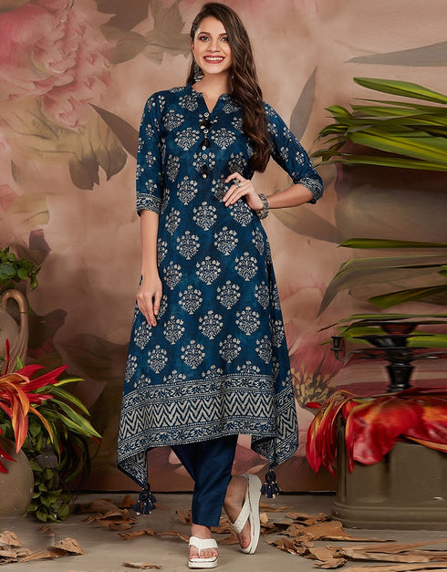 Blue Russian Silk Digital Print Suit Pant