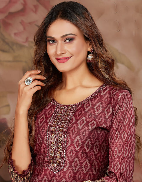 Maroon Soft Silk Digital Print Suit Pant Closure View