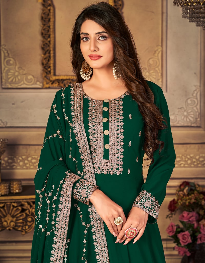 Green Classy Designer Readymade Georgette Anarkali Dress With Heavy Hand Work