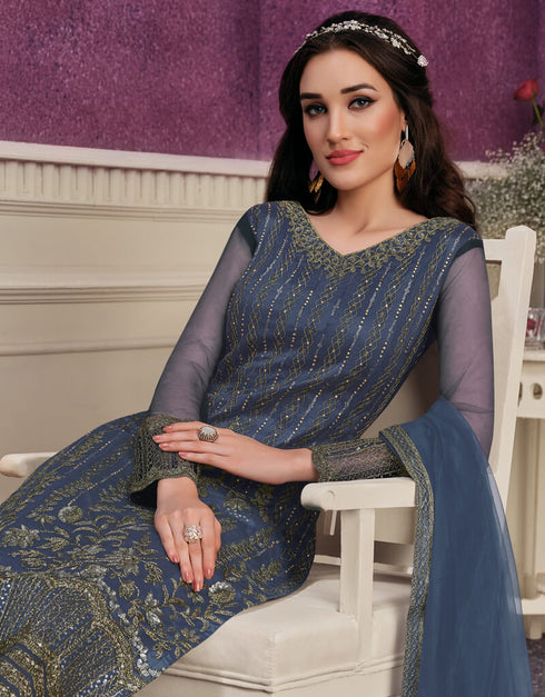 Royal Blue Pant style Suits Soft Net Salwar Kameez in Cording Embroidery & Lace Work Closure View Embroidery