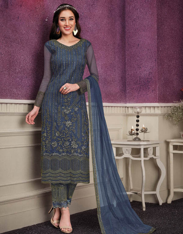 Royal Blue Pant style Suits Soft Net Salwar Kameez in Cording Embroidery & Lace Work