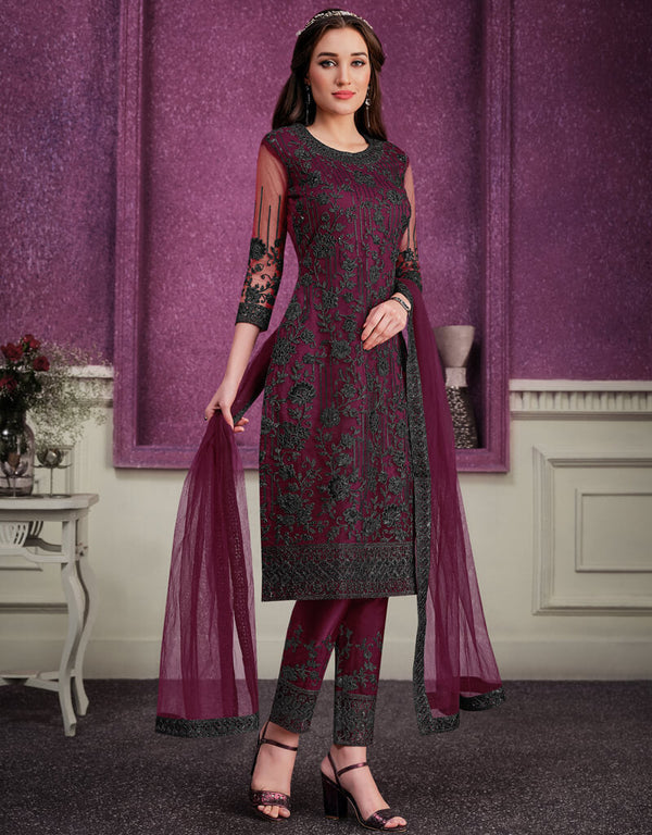 Dark Purple Pant style Suits Soft Net Salwar Kameez in Cording Embroidery & Lace Work