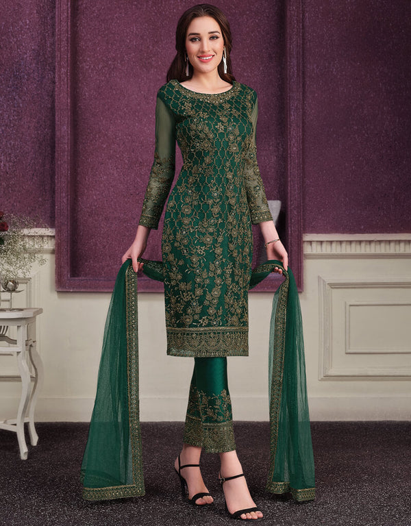 Dark Green Pant style Suits Soft Net Salwar Kameez in Cording Embroidery & Lace Work