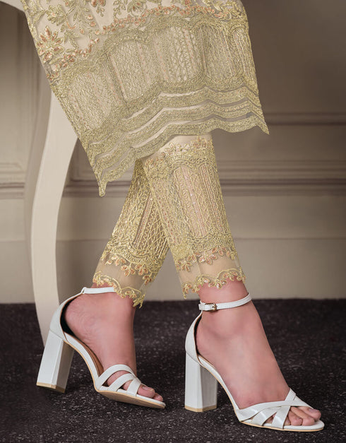 Cream Pant style Suits Soft Net Salwar Kameez in Cording Embroidery & Lace Work Closure View Embroidery