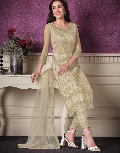 Cream Pant style Suits Soft Net Salwar Kameez in Cording Embroidery & Lace Work Closure View Embroidery Back side View
