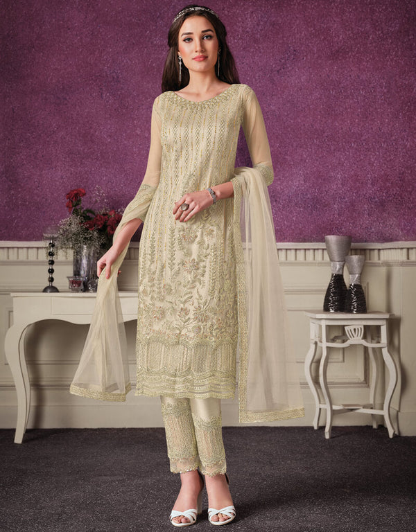 Cream Pant style Suits Soft Net Salwar Kameez in Cording Embroidery & Lace Work