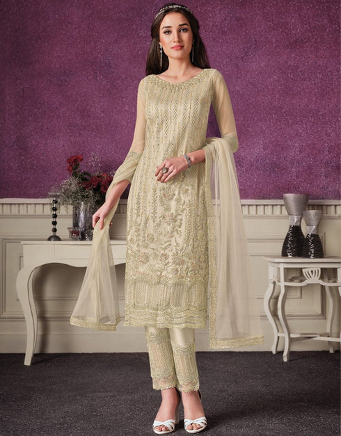 Cream Pant style Straight Butterfly Net Salwar Kameez in Cording Embroidery & Lace Work