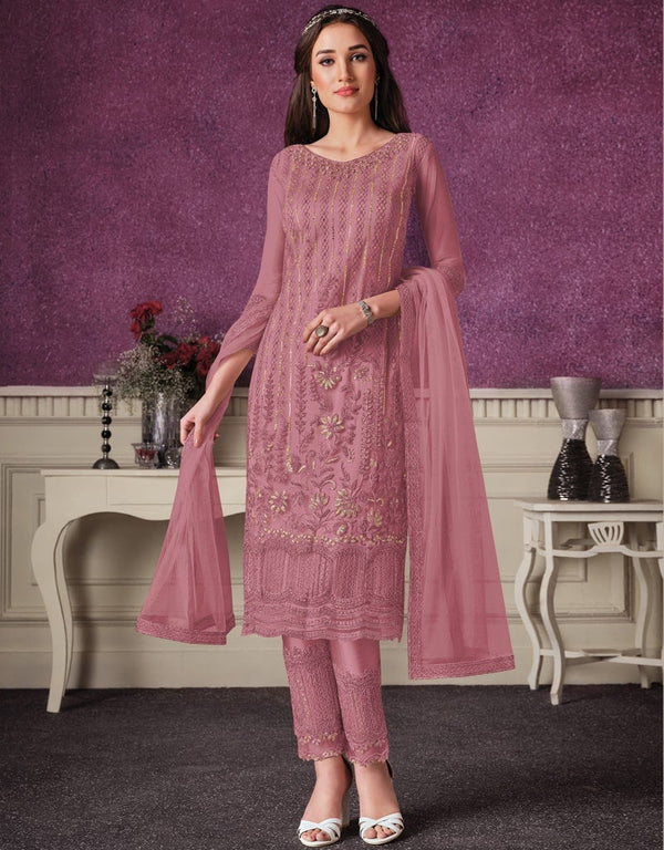 Dusty Pink Pant style Straight Butterfly Net Salwar Kameez in Cording Embroidery & Lace Work