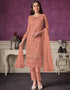 Light Peach Pant style Straight Butterfly Net Salwar Kameez in Cording Embroidery & Lace Work