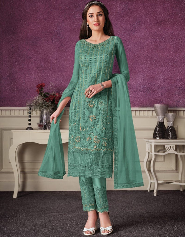Light Green Pant style Straight Butterfly Net Salwar Kameez in Cording Embroidery & Lace Work