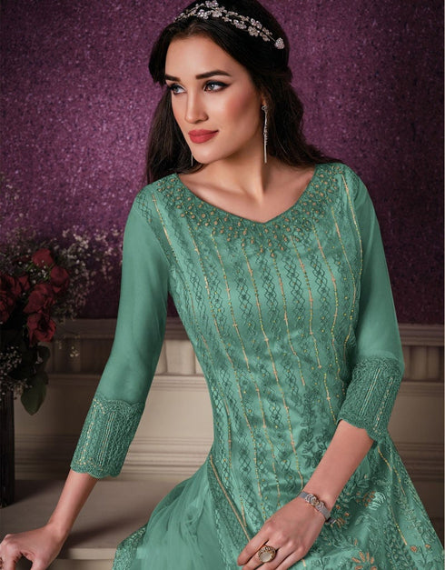 Light Green Pant style Straight Butterfly Net Salwar Kameez in Cording Embroidery & Lace Work Closure View