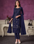 Navy Blue Pant style Straight Butterfly Net Salwar Kameez in Cording Embroidery & Lace Work