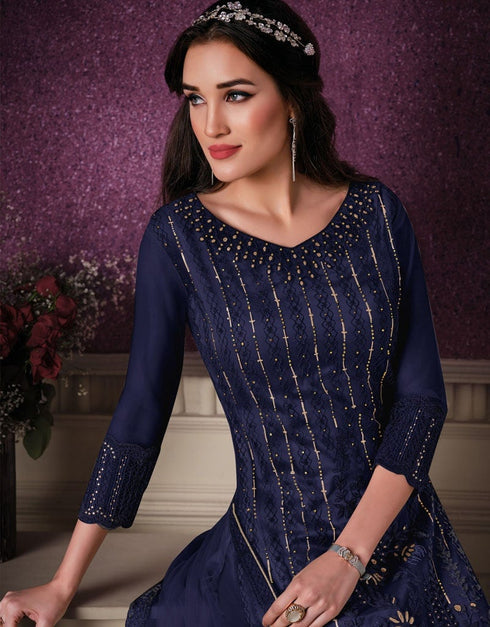 Navy Blue Pant style Straight Butterfly Net Salwar Kameez in Cording Embroidery & Lace Work Closure View