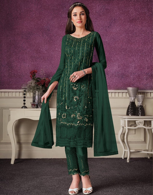 Bottle Green Pant style Straight Butterfly Net Salwar Kameez in Cording Embroidery & Lace Work