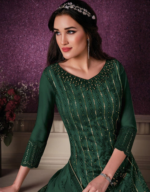 Bottle Green Pant style Straight Butterfly Net Salwar Kameez in Cording Embroidery & Lace Work Closure View